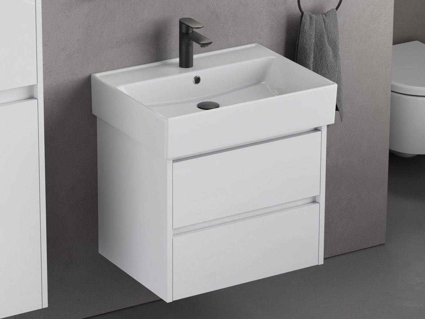 Aqua Bagno Badmöbel-Set mit Waschbecken, 60cm, Badschrank vormontiert, Keramik, (1-St., Unterschrank mit Möbelwaschtisch mit Überlauf), Zwei Vollauszugschubladen mit Softclose Funktion von Aqua Bagno