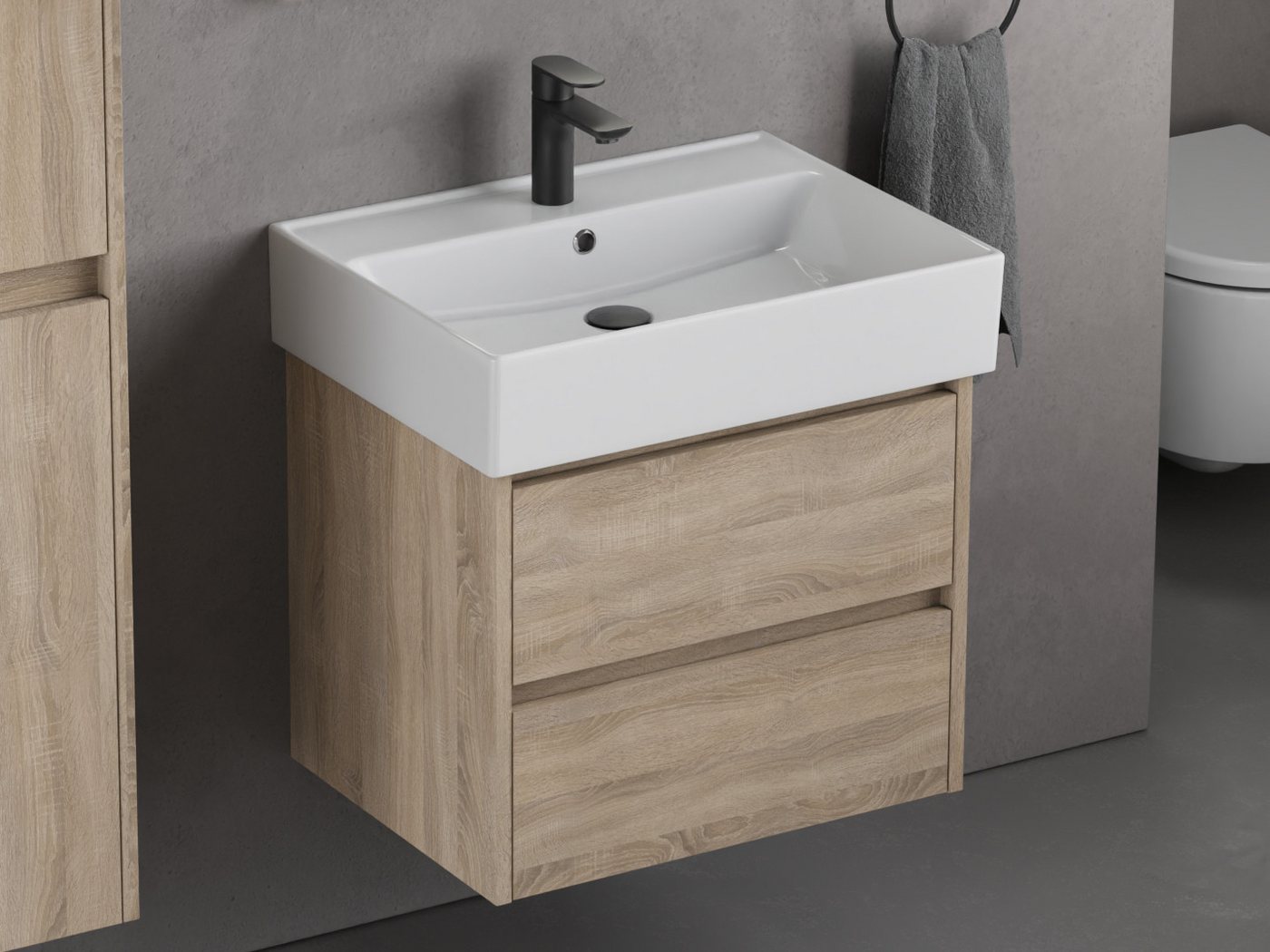 Aqua Bagno Badmöbel-Set mit Waschbecken, 60cm, Badschrank vormontiert, Keramik, (1-St., Unterschrank mit Möbelwaschtisch mit Überlauf), Zwei Vollauszugschubladen mit Softclose Funktion von Aqua Bagno