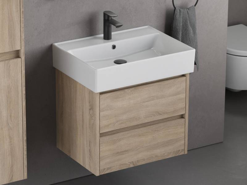 Aqua Bagno Badmöbel-Set mit Waschbecken, 60cm, Badschrank vormontiert, Keramik, (1-St., Unterschrank mit Möbelwaschtisch mit Überlauf), Zwei Vollauszugschubladen mit Softclose Funktion von Aqua Bagno