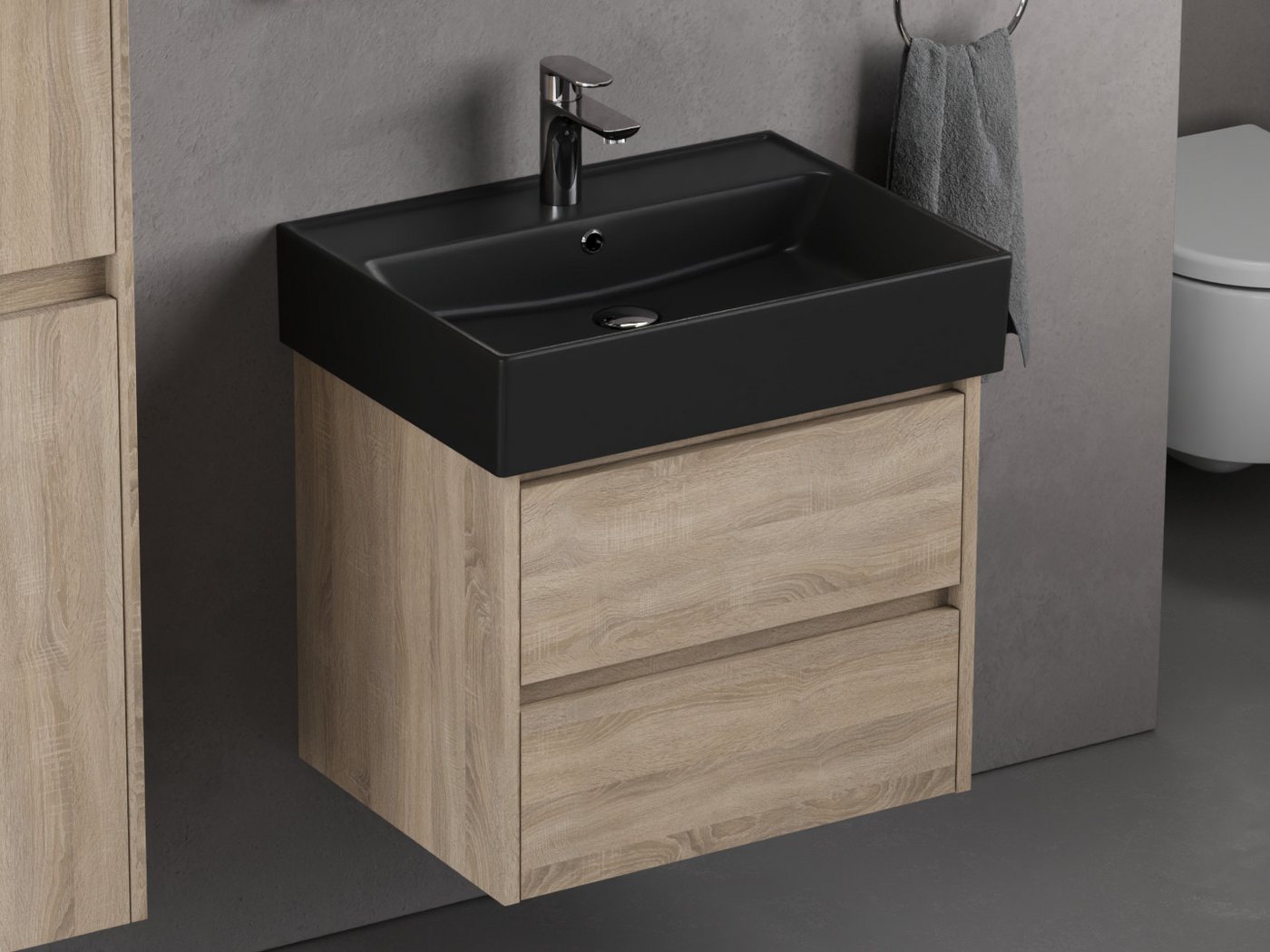 Aqua Bagno Badmöbel-Set mit Waschbecken, 60cm, Badschrank vormontiert, Keramik, (1-St., Unterschrank mit Möbelwaschtisch mit Überlauf), Zwei Vollauszugschubladen mit Softclose Funktion von Aqua Bagno