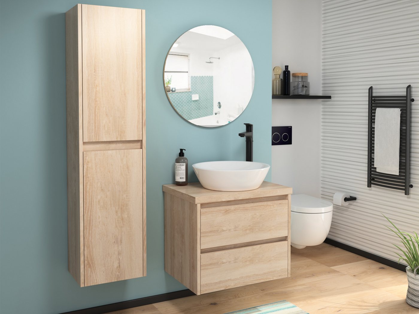 Aqua Bagno Badmöbel-Set mit Waschbecken, 60cm, Waschtisch-Unterschrank vormontiert, (1-St., Unterschrank, Trägerplatte und Aufsetzwaschbecken rund ohne Überlauf), Zwei Vollauszugschubladen mit Softclose Funktion von Aqua Bagno