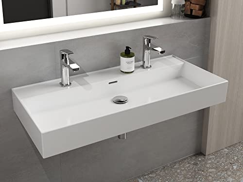 Aqua Bagno | Doppelwaschbecken Keramik, Doppelwaschtisch, eckiges Aufsatzwaschbecken, Handwaschbecken | 101 x 46 cm von Aqua Bagno