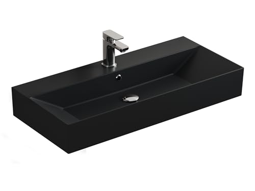 Aqua Bagno | Eckiges Design Waschbecken mit dünnem Rand, Trendfarbe schwarz matt, hochwertige Keramik | 90 x 42 cm von Aqua Bagno