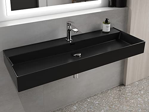 Aqua Bagno | Eckiges Waschbecken in matt schwarz, Waschtisch aus Keramik, schmales Wand Waschbecken | 121 x 46 cm von Aqua Bagno