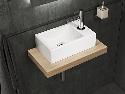 Aqua Bagno | Eckiges Waschbecken weiß glänzend, Loft Air Handwaschbecken Keramik, Hanhnloch rechts | 37 cm breit von Aqua Bagno