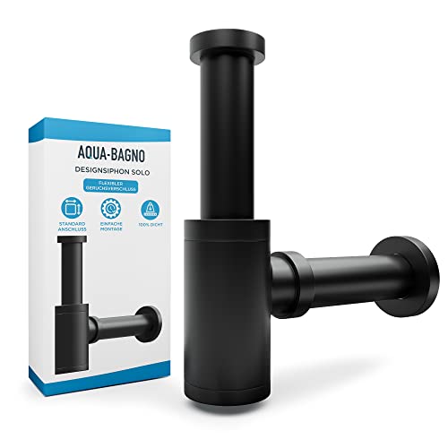 Aqua Bagno - Flexibler Siphon für Waschbecken - Abflussgarnitur für Waschtisch - Geruchsverschluss mit Reinigungsöffnung Designsiphon schwarz matt von Aqua Bagno