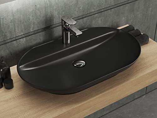 Aqua Bagno | Großes, ovales Aufsatzwaschbecken matt schwarz, Keramikwaschbecken, Waschschale, Handwaschbecken | 72 cm breit von Aqua Bagno