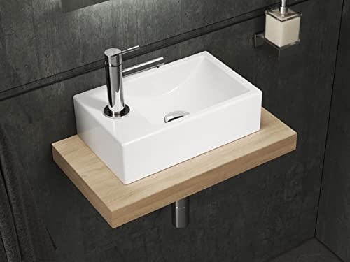 Aqua Bagno | Eckiges Waschbecken weiß glänzend, Loft Air Handwaschbecken Keramik, Hanhnloch links | 37 cm breit von Aqua Bagno