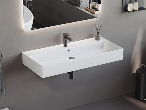 Aqua Bagno | Modernes Waschbecken weiß, Loft Air Design, Keramik Waschbeckenaufsatz, Waschtisch eckig | 101 x 46 cm von Aqua Bagno