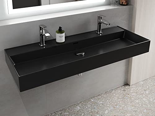 Aqua Bagno | Schwarz mattes Doppelwaschbecken, Loft Air Design, Eckiger Keramik Waschtisch, mit Ablauf | 121 x 46 cm von Aqua Bagno