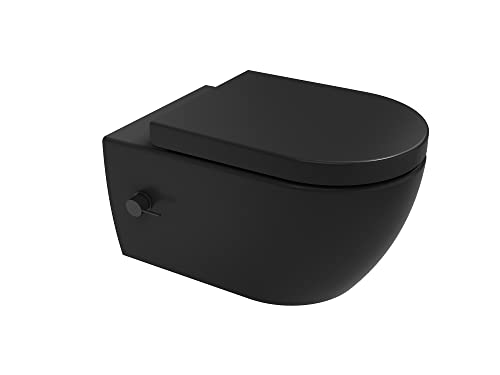 Aqua Bagno | Taharet Toilette mit WC Dusche in schwarz matt, mit Absenkautomatik & Armatur, ohne Spülrand | 51,5 cm lang von Aqua Bagno