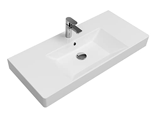 Aqua Bagno | Universal Waschbecken mit Ablage, modernes Keramikwaschbecken in Weiß, hängendes Waschbecken 100 cm breit von Aqua Bagno