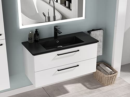 Aqua Bango | Badezimmer Waschbecken in Schwarz Matt mit Unterschrank, Badschrank Weiß Hochglanz, Waschtisch | 100 cm von Aqua Bagno