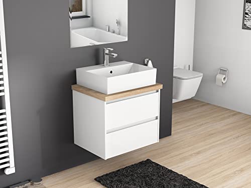 Aqua Bango | Badezimmermöbel mit Aufsatzwaschbecken und Trägerplatte in 60cm (Eckig 1, Weiss Hochglanz) von Aqua Bagno