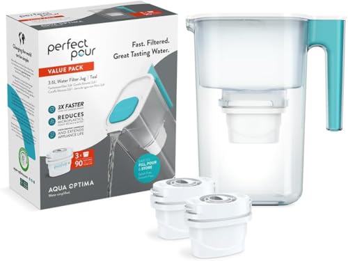 Aqua Optima Perfect Pour Wasserfilterkanne & 2 x 30 Tage Evolve+ Wasserfilterkartusche, 3,6 Liter Fassungsvermögen, zur Reduzierung von Mikroplastik, Chlor, Kalk und Verunreinigungen, Teal von Aqua Optima