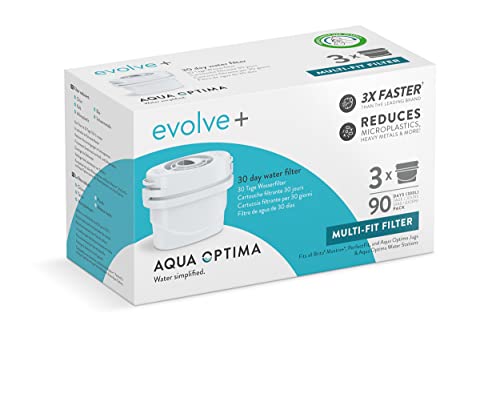 Aqua Optima Wasserfilterkartusche, Evolve+ 3er Pack (Vorrat für 3 Monate), kompatibel mit Brita Maxtra+ & PerfectFit, 5-stufiges Filtersystem reduziert Chlor, Kalk und andere Verunreinigungen von Aqua Optima
