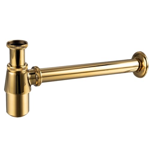 AQUAUNO Flaschensiphon Waschbecken Rund Gold Messing G1 1/4 – Universal Bad Ablaufgarnitur – Geruchsverschluss, Höhenverstellbar, Korrosionsbeständig, mit Reinigungsöffnung" von Aqua Uno