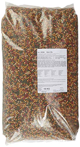 AquaForte Hochwertiges schwimmendes Grundfutter für Zierfische 15 kg (± 40 Liter) Medium Pellets 6mm, Vier verschiedene Fischpellets, Rohprotein: 32,3%, Rohfett: 4%, Rohzellulose: 4,5%, Rohasche: 5,6% von AquaForte