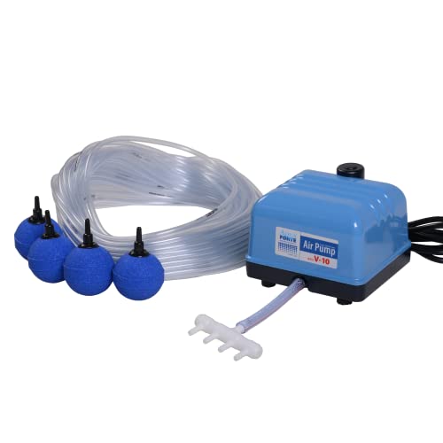 AquaForte Hi-Flow V-10 Luftpumpenset, Komplettset mit Luftverteilern, 25 m Schlauch 4 x 6 mm und 4 Luftsteine 5 cm, Kapazität bei 1,2 Meter 4 Liter pro Minute, Maximaler Teich 6 m3 von AquaForte