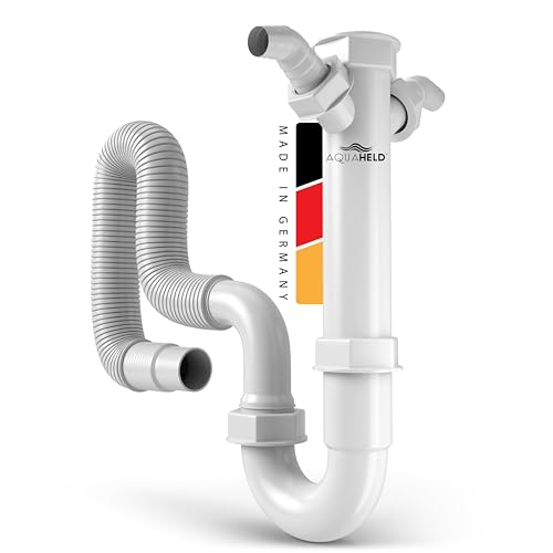 AquaHeld® Siphon für Küchenspüle mit flexiblem Ablaufschlauch [Made in Germany] - 1 1/2 “ x 40/50mm - Röhrensiphon mit zwei 1” Geräteanschlüssen + Anschlussdichtungen von AquaHeld
