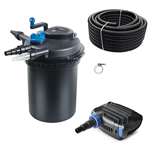AquaOne Teichfilter Set mit Teichpumpe I Filteranlage CPF-10000 für einen Teich bis 12.000 Liter I Komplettset mit UV Lampe Eco Pumpe 20 Watt Teichschlauch Nr.21 von AquaOne