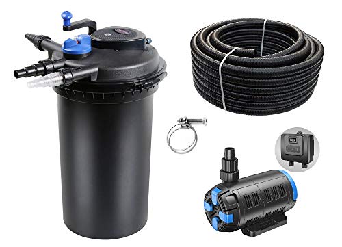 AquaOne Teichfilter Set mit Teichpumpe I Filteranlage CPF-15000 für einen Teich bis 30.000 Liter Liter I Komplettset mit UV Lampe regelbare Eco Pumpe 18-80 Watt Teichschlauch Nr.31 von AquaOne