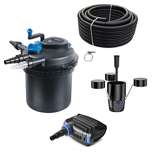 AquaOne Teichfilter Set mit Teichpumpe I Filteranlage CPF-5000 für einen Teich bis 8.000 Liter I Komplettset mit UV Lampe Eco Pumpe 10 Watt Skimmer Teichschlauch Nr.20 von AquaOne