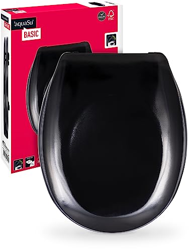 'aquaSu® Basic, WC-Sitz in Schwarz, Duroplast Toilettendeckel mit Absenkautomatik, Belastbar bis 200 kg, Standard O-Form, Take-Off, 409162 von aquaSu