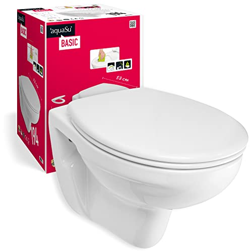 'aquaSu® Basic Spülrandloses Wand WC Set 194, Hänge WC oval, Tiefspüler, Keramik, Abgang waagerecht, WC-Sitz mit Absenkautomatik, Duroplast Toilettendeckel abnehmbar, Weiß, 56919 4 von aquaSu