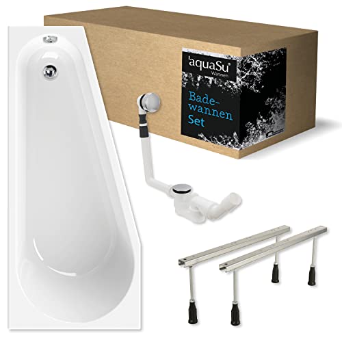 'aquaSu® Komplettset Acryl-Badewanne 160 x 70 cm | Raumspar-Badewanne laPino | rechte Ausführung | höhenverstellbare Wannenfüße | Excenter-Ablaufgarnitur | Badewannen-Set | Weiß | 83259 5 von aquaSu