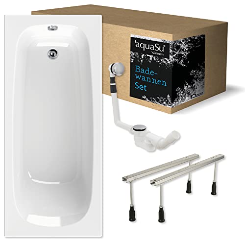 'aquaSu® Komplettset Acryl-Badewanne 170 x 75 cm | Körperform-Badewanne meLeo | 200 l Füllmenge | höhenverstellbare Wannenfüße | Excenter-Ablaufgarnitur | Badewannen-Set | Weiß | 83287 8 von aquaSu