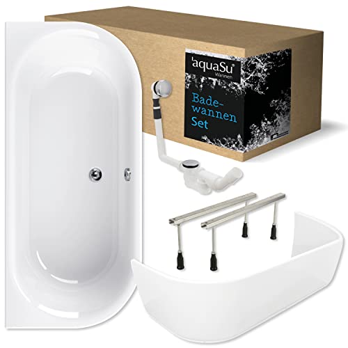 'aquaSu® Komplettset Acryl-Badewanne 180 x 80 cm | mit Acryl-Schürze | passende Wannenfüße | Excenter-Ablaufgarnitur | Duowanne für Zwei | Badewannen-Set, linke Ausführung | Weiß | 83181 9 von aquaSu