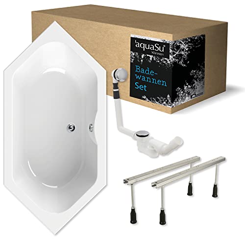 'aquaSu® Komplettset Sechseck-Badewanne 190 x 90 cm | Sonderform-Badewanne scaLma | Acryl-Badewanne 6-eckig | höhenverstellbare Wannenfüße | Excenter-Ablaufgarnitur | Badewannen-Set | Weiß | 83271 7 von aquaSu