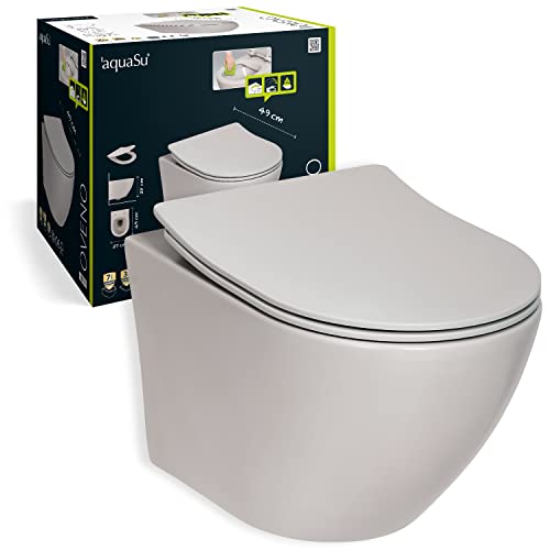 'aquaSu® Spülrandloses Wand WC Set Oveno, Design Hänge WC, Tiefspüler, Keramik, Abgang waagerecht, Slimline WC-Sitz mit Absenkautomatik, Duroplast Toilettendeckel, Matt-grau, 04972 6 von aquaSu