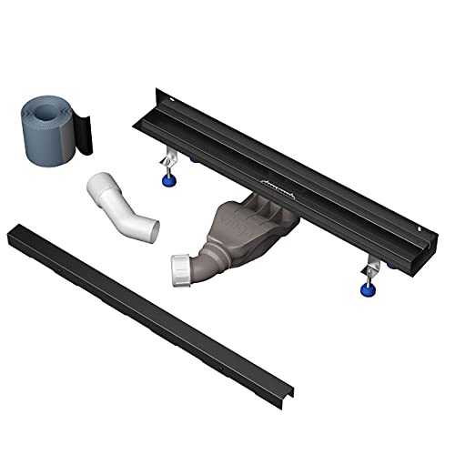 Aquabad Edelstahl Duschrinne mit Wandaufkantung - Slim Wall Schwarz Matt, Länge 90 cm, Komplett Set inkl. Abdeckung Bord, Siphon und Haarsieb von AQUABAD
