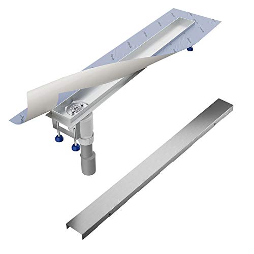 Aquabad Komplett-Set - Duschrinne 100 cm SDS Pro aus Edelstahl inkl. Haarsieb, Abgang seitlich senkrecht, Blende Bord und Grundkörper-Set von Aquabad