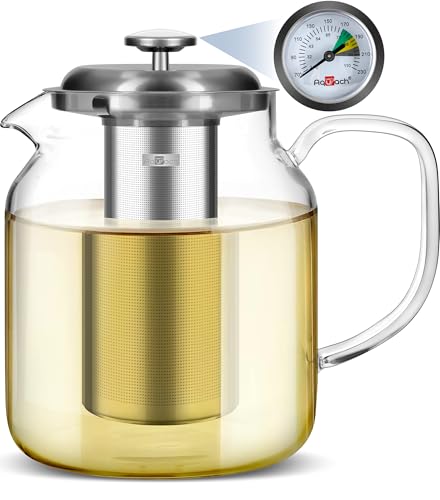 Aquach Glas-Teekanne mit integriertem Thermometer, Herd- und spülmaschinenfest, Borosilikat-Karaffe und herausnehmbares Teesieb aus Edelstahl, 1,9 l von Aquach