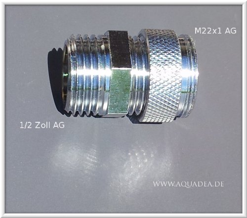 1/2 Zoll AG x M22 AG, chrom, Sanitär Gewinde Adapter M22 AG auf 1/2"Zoll Aussengewinde, Halbzoll auf M 22 AG, Übergang, um z.B.einen Aquadea Kristall-Wirbler oder Filter (Sanuno) an einen Duschschlauch anzubringen. von Aquadea