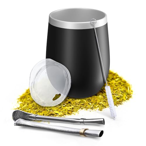 Aquafloow Doppelwandige Yerba Mate Tasse 350 ml + 2 Stücke Stahlstrohhalme, Yerba Mate Becher | BPA-Freien Decke, Tee Set aus Rostfreiem Edelstahl für Mate, Yerba - Schwarz von Aquafloow