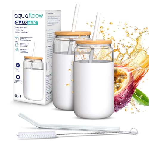 Aquafloow Trinkglas 2 Stück 500 ml mit Silikonhülle und Bambusdeckel – 2 Trinkhalme inklusive (Silikon & Glas), Temperaturbeständig von -20°C bis 150°C von Aquafloow