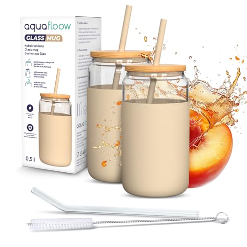 Aquafloow Trinkglas 2 Stück 500 ml mit Silikonhülle und Bambusdeckel – 2 Trinkhalme inklusive (Silikon & Glas), Temperaturbeständig von -20°C bis 150°C von Aquafloow