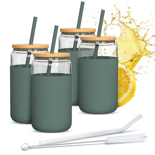 Aquafloow Trinkglas 4 Stück 500 ml mit Silikonhülle und Bambusdeckel – 2 Trinkhalme inklusive (Silikon & Glas), Temperaturbeständig von -20°C bis 150°C von Aquafloow