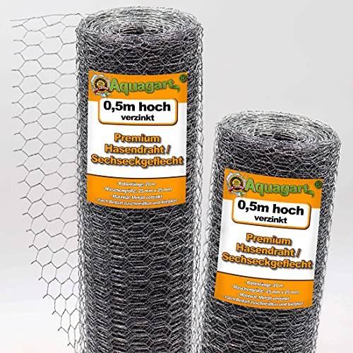 Aquagart Maschendrahtzaun 100m Sechseckgeflecht verzinkt I Hühnerzaun Kaninchendraht Hasengitter feinmaschig 25mm x 25 mm I 6-Eck Drahtgeflecht 0,9 mm I 50 cm hohe Hasendraht von Aquagart