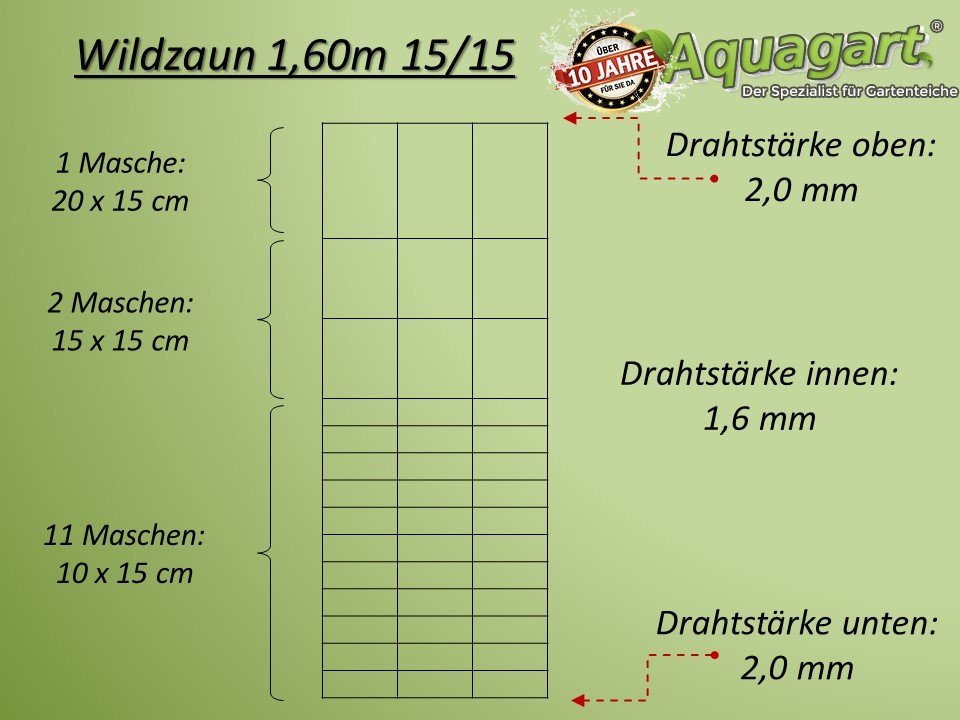 Aquagart Profil 300m Wildzaun Forstzaun Knotengeflecht 160/15/15+ Pfosten + Spanndraht von Aquagart