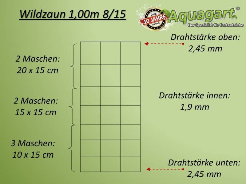 Aquagart Profil 300m Wildzaun Forstzaun Weidezaun Knotengeflecht 100/8/15+ Pfosten + von Aquagart
