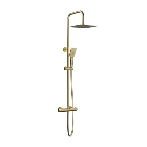 Nite Thermostatisches Duschsystem mit Atlas-Sprühkopf, 25 x 25 cm, thermostatische Armatur mit Verriegelung bei 38 °C, verstellbare Höhe und Griff mit 3 Funktionen (gebürstetes Gold) von Aquagrif
