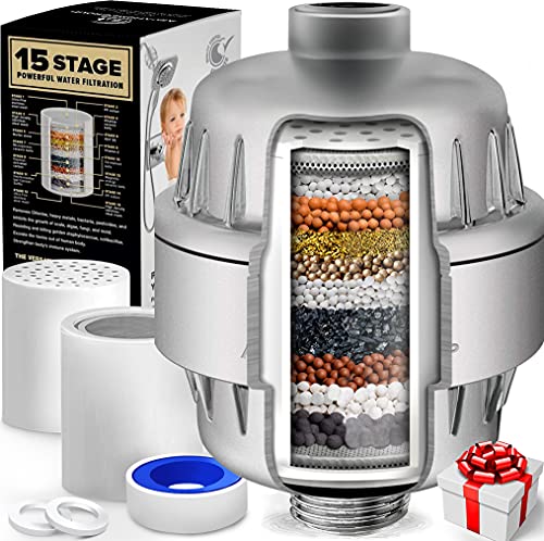 AquaHomeGroup 15 Stufen Duschkopf Wasserfilter Duschfilter Kalk mit Vitamin C - Wasserfilter Dusche zur Entfernung von Chlor und Fluorid - Inklusive 2 Aufsätze - Konstanter Wasserdurchfluss Kalkfilter von Aquahomegroup