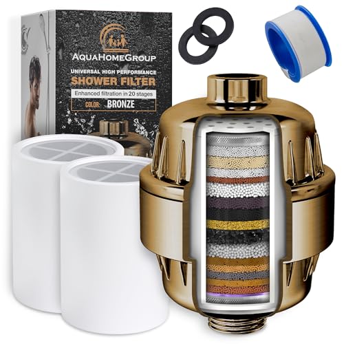 AquaHomeGroup Duschfilter für hartes Wasser, 20-stufig – 9,5 L/min, Universal-Duschkopffilter für Chlor, Fluorid, Schwermetalle – Vitamin C, E, Duschwasserfilter für Haar und Haut (Gold) von Aquahomegroup