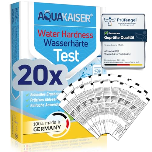 Wasserhärte Teststreifen °dH – 20 Stück – einzeln versiegelt – Made in Germany – Wasserhärtetest für Trinkwasser, Pool, Aquarium, Geschirrspüler von Aquakaiser