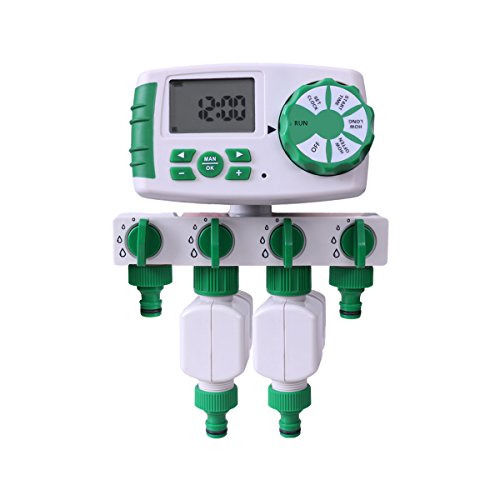 Automatisch 4-Auslässe Bewässerungscomputer Bewässerungssystem inkl. 1 X 4-Fach-Wasserverteiler, 2 X Magnetventile Garten Bewässerungsuhr Wasser Zeitschaltuhr … von Aqualin